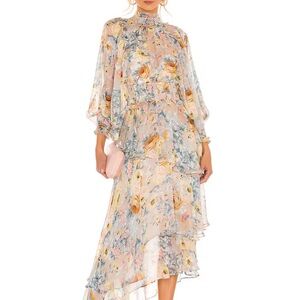 Elliatt Pastel Floral Tiered Long-Sleeve Midi Dress in Peach and Blue